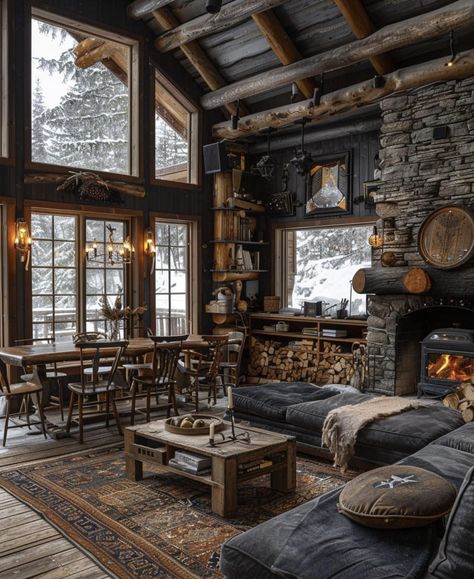 Dark Lodge Aesthetic, Cottage Forest House, Hunting Lodge Aesthetic, Dark Cabin Interior, Mountain Lodge Interior Design, Huntsman Aesthetic, Mountain Lodge Interior, Mountain Cabin Living Room, Cabins In The Woods Interior