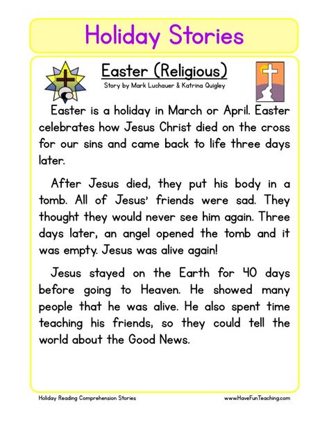 This Reading Comprehension Worksheet - Easter (Religious) is for teaching reading comprehension. Use this reading comprehension story to teach reading comprehension. Second Grade Reading Comprehension, Easter Reading Comprehension, Holiday Reading Comprehension, Third Grade Reading Comprehension, Second Grade Reading, Free Reading Comprehension Worksheets, Teaching Reading Comprehension, Esl Reading, Reading Comprehension Kindergarten