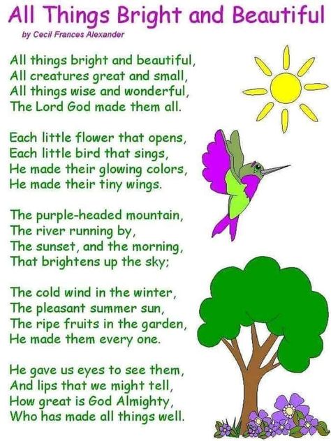 Nature Poems For Kids, Poem On Environment, Short Poems For Kids, Childrens Bible Songs, Preschool Poems, English Poems For Kids, Simple Poems, All Things Bright And Beautiful, Small Poems