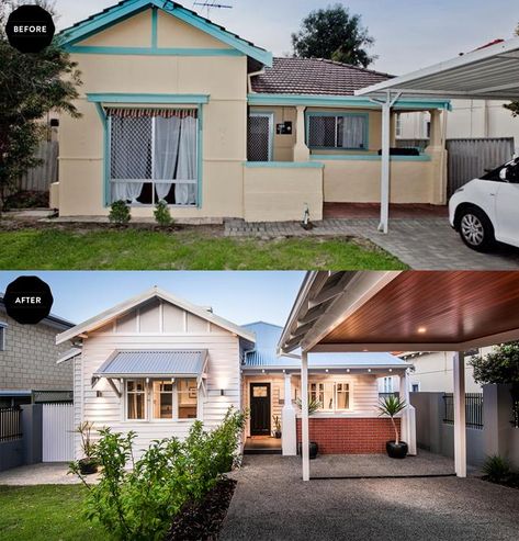 Before & After: Fibro Cottage Renovation | Homes To Love Fibro House Renovation Before And After, Old Fibro House Renovation, External Renovation Before And After, Facade Makeover Before After, Queenslander Renovation Before And After, Beach House Renovation Before And After, Fibro House Renovation, Before And After Renovation Old Houses, Old House Renovation Before And After