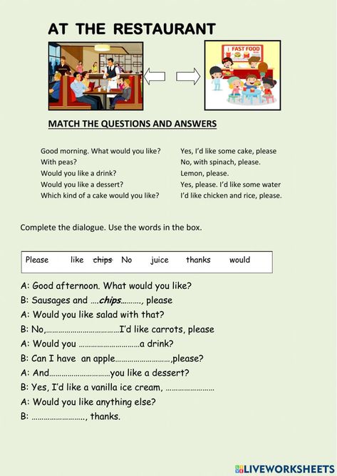 Restaurant Vocabulary English Worksheets, Conversation Worksheets English, English Conversation Worksheets, Food Conversation, Food Worksheet, English Primary School, Speaking Activities English, English Teaching Resources, Teaching Plan