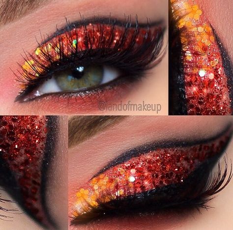 Arial Makeup, Fire Inspired Makeup Look, Elements Photoshoot, Fire Eyeshadow, Fire Photoshoot, Labyrinth Costume, Flame Dress, Carnaval Make-up, Phoenix Costume