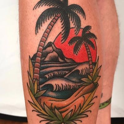 Old School Beach Tattoo, American Traditional Beach Tattoo, Traditional Palm Tree Tattoo, Island Tattoos, Surf Tattoos, Gentleman Tattoo, Tattoo Machine Art, Landscape Tropical, Sun Also Rises