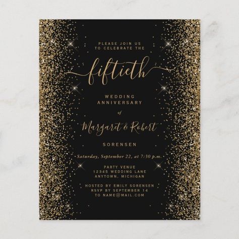 Budget Black Gold Glitter 50th Anniversary Party Black White And Gold 50th Anniversary, Golden Anniversary Party, 25th Wedding Anniversary Party, 50th Anniversary Invitations, Anniversary Party Invitations, 50th Anniversary Party, Anniversary Dinner, Wedding Anniversary Invitations, Golden Anniversary