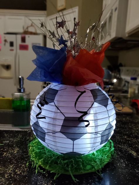 Soccer Lantern Centerpiece, Soccer Ball Centerpiece Ideas, Soccer Table Decorations, Soccer Banquet Decorations, Soccer Centerpiece Ideas, Soccer Banquet Centerpieces, Athletic Banquet Decorations, Circle Centerpieces, Sports Banquet Decorations