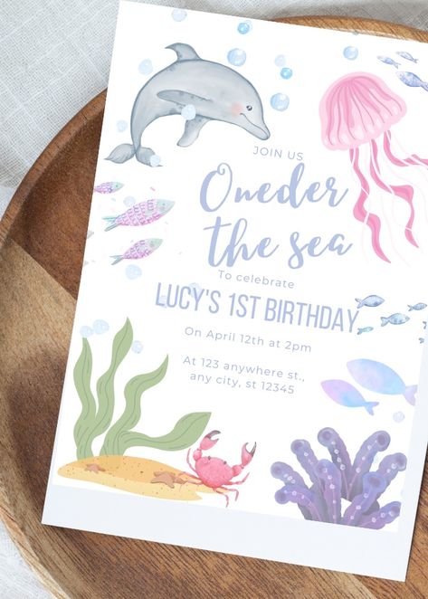 ONEDER the sea first birthday invitation. Under sea creatures. Invite, birthday party, digital, print Oneder The Sea, First Birthday Girl, Under Sea, Bday Invitations, Girl Birthday Themes, Sea Birthday, First Birthday Invitations, Girl First Birthday, Mermaid Party