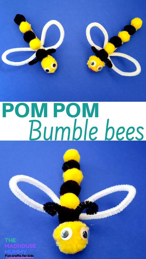 Bumble bee craft idea for kids. A sweet and easy summer craft and a fun way to practise making patterns! #craftsforkids #beecraftforkids #pompomcrafts #animalcraftsforchildren #summercraftsforkids Bubble Bee Craft Preschool, B For Bumblebee Craft, Pom Pom Bees How To Make, Letter B Bumblebee Craft, Pom Pom Bumble Bees, Bumble Bee Craft, Bee Hive Craft, Mummy Crafts, Bee Crafts For Kids