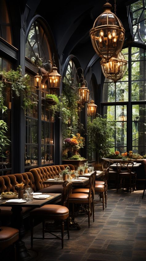 Dark Academia Restaurant, Old Restaurant Aesthetic, Orangery Restaurant, Winery Interior Design, Vintage Restaurant Interior, Dark Restaurant Aesthetic, Industrial Cafeteria, Fine Dining Restaurant Interior Design, Victorian Restaurant