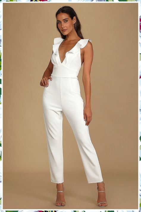 Wedding Jumpsuit - Hurry! Dont miss out on the latest and most awesome deal. Check it out NOW! Ruffled Jumpsuit, White Jumpsuits, Blue Lace Maxi Dress, Tapered Pant, Lulu Pants, Bridal Jumpsuit, Ruffle Jumpsuit, Wedding Jumpsuit, Backless Jumpsuit