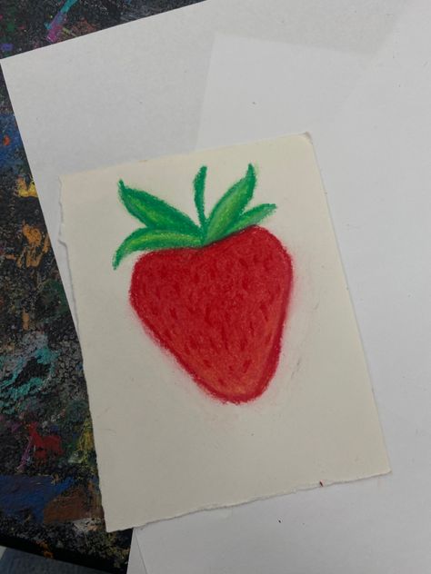 Oil Pastel Strawberry, Aesthetic Strawberry Drawing, Painting Ideas Strawberry, Oil Pastel Strawberry Drawing, Strawberry Canvas Painting Easy, Strawberry Drawing Colored Pencil, Strawberry Drawing, Crayon Painting, Oil Pastel Art