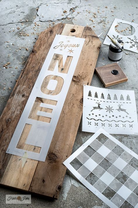 Learn how to DIY this Noel gift tag vertical Christmas sign with Argyle ornament with reclaimed wood and Funky Junk's Old Sign Stencils! Click to read full tutorial along with a helpful video! Wooden Christmas Decor Ideas Diy, Noel Wood Sign, Diy Wooden Signs Christmas, Christmas Stencils Wooden Signs, Noel Signs Christmas, Diy Wood Tags, Noel Signs Christmas Diy, Diy Wood Christmas Projects, Christmas Diy Signs Wood