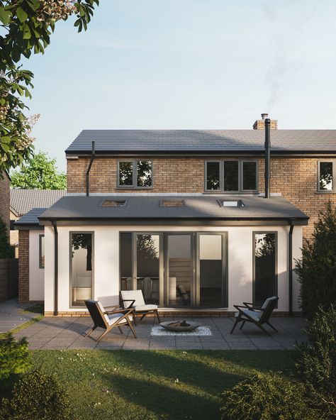 Single Story Rear Extension, Rear Extension Ideas Semi Detached, Back Extension House, End Of Terrace Extension, Rendered Extension, Small Rear Extension Ideas, Stables Exterior, Single Story Extension, Lantern Roof Extension