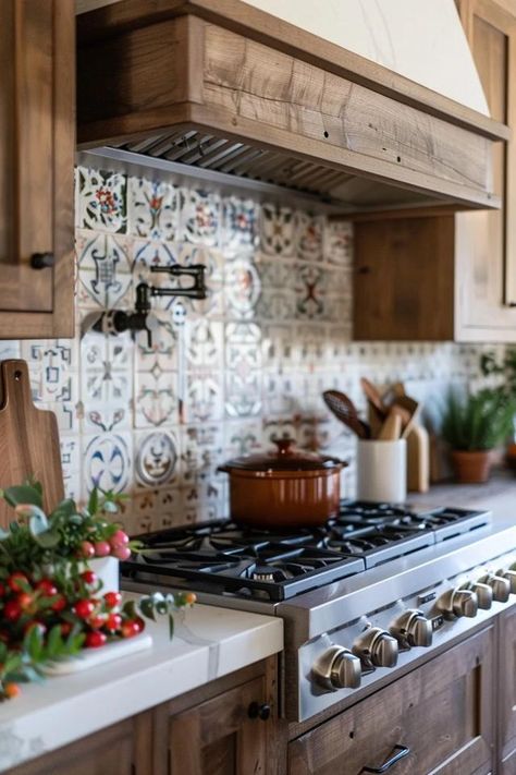 Rustic Backsplash Ideas for Cozy Kitchen Charm Rustic Kitchen With Brick Backsplash, Antique Kitchen Backsplash, Patterned Kitchen Tiles Backsplash Ideas, Rustic Backsplash Kitchen, Cabin Backsplash Ideas, Cabin Kitchen Backsplash, Rustic Backsplash Ideas, Farmhouse Kitchen Backsplash Tile, Rustic Farmhouse Kitchen Backsplash