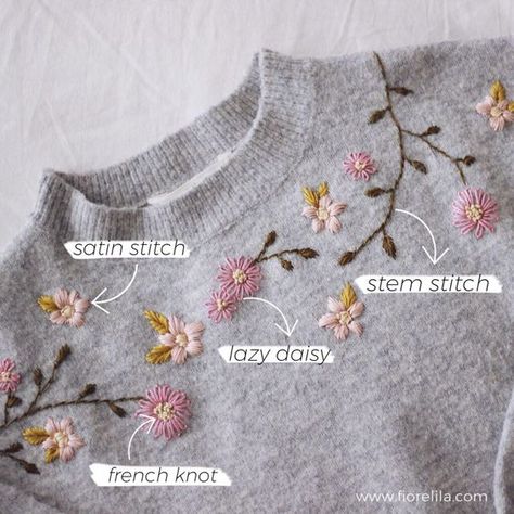 DIY Flower Embroidery on Knit Sweater - FioreLila shop Floral Shirt Embroidery, Embroidery Flowers On Sweaters, Embroidery Flowers Sweater, Embroidery On Crochet Sweater, Embroidery Flowers On Clothes, Sweater Flower Embroidery, Embroidery On Knitting Patterns, Embroidery Patterns Sweater, Patching Clothes With Embroidery