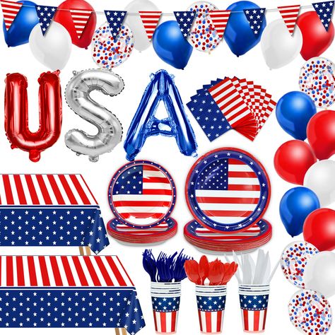 PRICES MAY VARY. 【194 PCS 4th of July Party Supplies】Independence Day Party Supplies Set contains 11 varieties, including 24 paper cups (9oz), 24 large dinner plates (9"), 24 small dinner plates (7"), 24 napkins (6.5*6.5in), 24 white knives (6.6in), 24 blue forks (6.3 in), 24 red spoons (6in); 1 hanging banner (10ft), 2 tablecloths (108*54in), 20 latex balloons (5 each of red, white, blue and white with colorful pieces), 1 red "U" aluminum balloon, 1 silver "S" aluminum balloon, 1 blue "A" alumi Red White Blue Party Ideas, Forth Of July Party Decorations Ideas, Usa Theme Party, American Flag Banner, Plastic Knife, American Party, Patriotic Party, 4th Of July Decorations, Disposable Plates