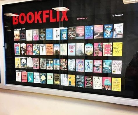 Book Riot on Twitter: ""The students are fascinated with the Bookflix display at our library. They will stop and look at the book covers, request them, ask about them and then go back and look at the display some more." https://t.co/5JR9bmmxQn… https://t.co/Bh3yiYOFOH" Bookflix Library Display, English Literature Display Boards, Bookflix Bulletin Board, English Classroom Displays Secondary, Bookflix Display, Classroom Displays Secondary, English Classroom Displays, Teen Library Displays, Reading Display