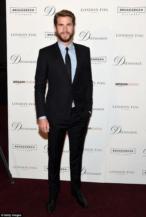 Suave: Liam opted for a baby blue shirt and completed his ensemble with a… Black Suit Blue Shirt, The Dressmaker, Baby Blue Shirt, Patent Leather Oxfords, Black Suit Men, Blue Suit Men, Suit Blue, Liam Hemsworth, Looking Dapper