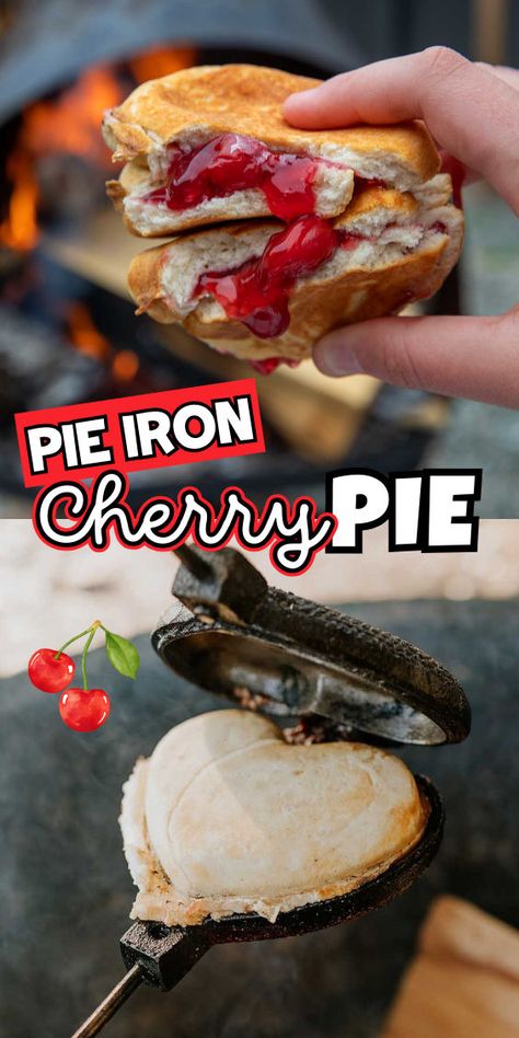 Cherry pie in a pie iron Pie Iron Recipes Campfire, Pudgy Pie Recipes, Campfire Pies, Pudgy Pie, Pie Iron Recipes, Grilled Dinner Recipes, Cherry Pies, Campfire Desserts, Pie Iron