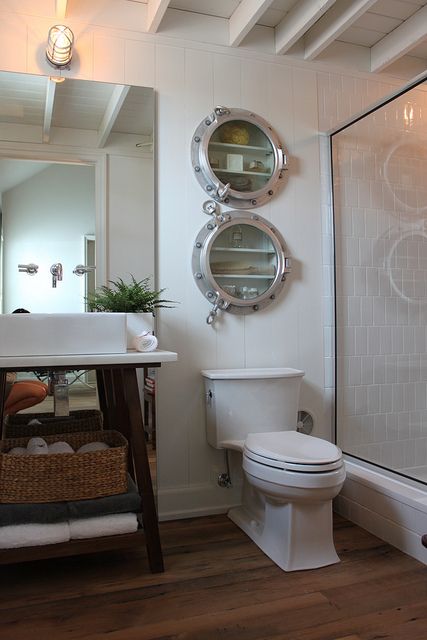 You could get this look by hanging out porthole windows in front of recessed shelving #interiordesignideas #nauticalideas http://stylishbeachhome.com/category_104/Porthole-Windows.htm Wc Decoration, Nautical Bathroom, Nautical Bathroom Decor, Beach Bathroom, Nautical Bathrooms, Coastal Bathrooms, Nautical Home, Beach Bathrooms, Bad Design