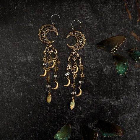 Moon Sorcery Earrings | Faire.com Unique Dangle Earrings With Sun And Moon Design, Mystical Sun And Moon Dangle Jewelry, Handmade Gothic Moon Jewelry, Gothic Festival Jewelry With Moon Charm, Bohemian Moon Charm Drop Earrings, Witchy Earrings, Ethereal Jewelry, Crescent Necklace, Witchy Jewelry