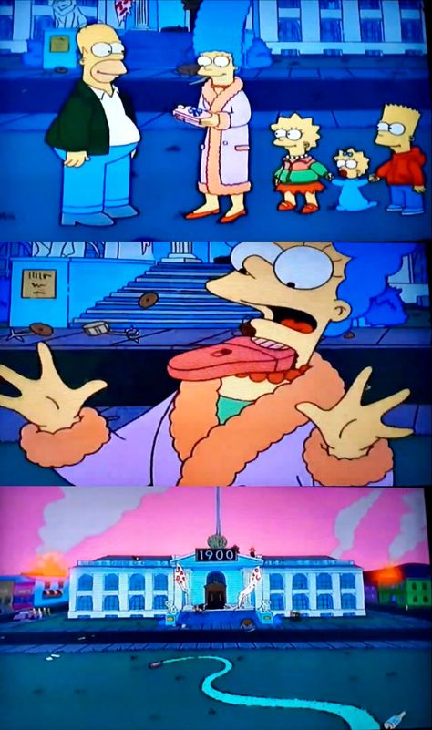 (Homer tried to join looters running out of church) Homer; (Marge is holding onto him) ‘I'm caught on something!’ Marge; ‘I don't want you looting.’ Homer; ‘But I was going to loot you a present.’ Marge; ‘Oh, all right.’ (Homer giggles and runs off - returns after he loots a razor) ‘Oh, thank you Homie! A Lady Remington!’ (Ends up out of control attacking Marge and carving path through town.) S11-“Treehouse of Horror X” Treehouse Of Horror, You Dont Want Me, Out Of Control, A Lady, The Simpsons, Television Show, Tree House, Carving, Running