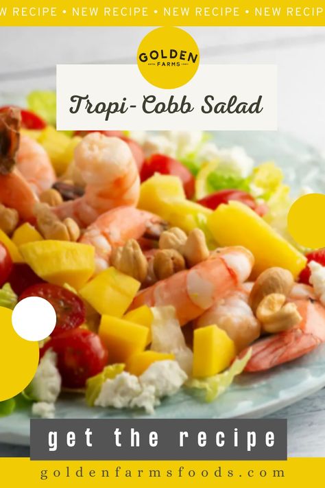 Enjoy a tropical twist with our Tropi-Cobb Salad featuring Organic Pineapple Chunks from Golden Farms Foods. This vibrant salad combines the classic Cobb ingredients with the sweet and tangy flavors of juicy pineapples, creating a refreshing and satisfying meal. Elevate your salad game with a taste of the tropics! Vibrant Salad, Cobb Salad Recipe, Pineapple Chunks, Pineapple Recipes, Mango Chunks, Tomato And Cheese, Tropical Twist, Romaine Lettuce, Small Jars