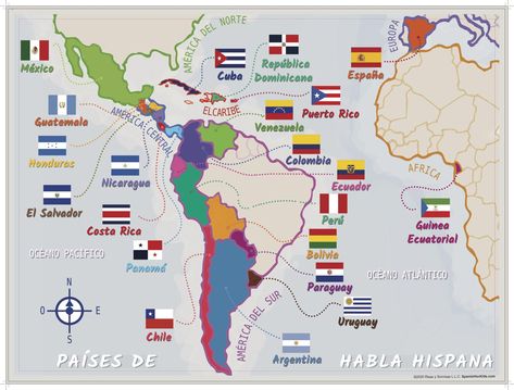 Spanish Speaking Countries Map, Map Worksheets, Countries And Flags, Learn Another Language, Spanish Speaking Countries, Spanish Grammar, World Map Poster, Hispanic Heritage Month, Spanish Teacher