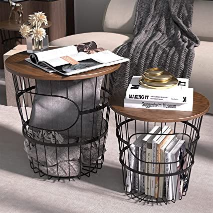 Wire Basket Table, Blanket Storage Living Room, Side Tables For Living Room, Tables With Storage, Living Room Blanket, Tables For Living Room, Nesting End Tables, Round End Tables, Room Brown