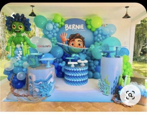 Blue And Green Theme Party, Lucas Birthday Party Ideas, Luca Disney Birthday Party, Luca 1st Birthday Party Ideas, Luca Party Decorations, Luca Birthday Party Decorations, Disney Luca Birthday Party Ideas, Luca Theme Birthday Party, Luca Birthday Party Ideas