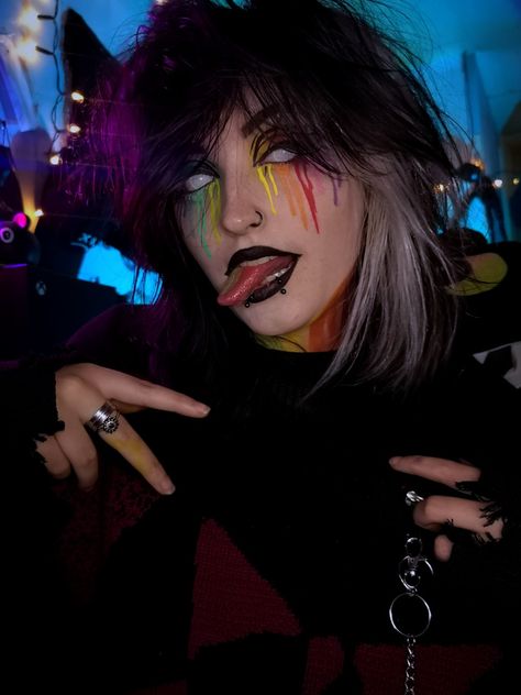 Pride makeup Pride Gothic Makeup, Bright Goth Makeup, Alt Pride Makeup, Lgbtq Makeup Ideas, Pride Clown Makeup, Nonbinary Pride Makeup, Rainbow Goth Makeup, Goth Pride Outfit, Pansexual Makeup Looks