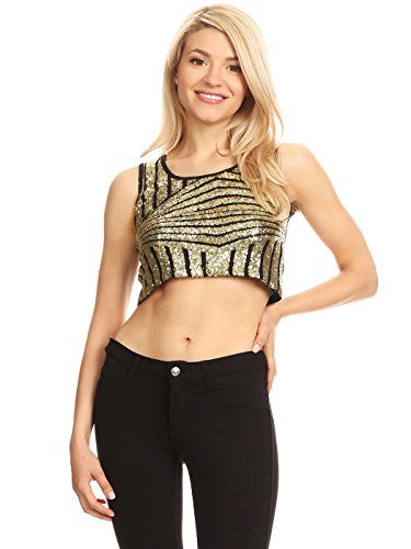 Anna-Kaci Womens Sparkle Stripe Front Sequin Slim Fit Cropped Vest Tank Tops, Gold, Small Trendy Crop Tops, Party Blouse, Crop Top Designs, Strap Crop Top, Sequin Design, Cropped Vest, Button Up Blouse, Bra Straps, Top Design