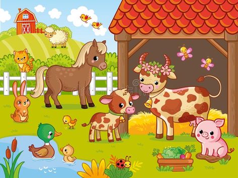 Farm with Animals in Cartoon Style. Vector Illustration with Pets. Large Set Stock Illustration - Illustration of butterfly, green: 180805499 Farm With Animals, Ladybug Cartoon, Animal Pictures For Kids, Nanak Jayanti, Wild Animals Vector, Holiday Homework, Kids Zoo, Rainforest Animals, Baby Activity