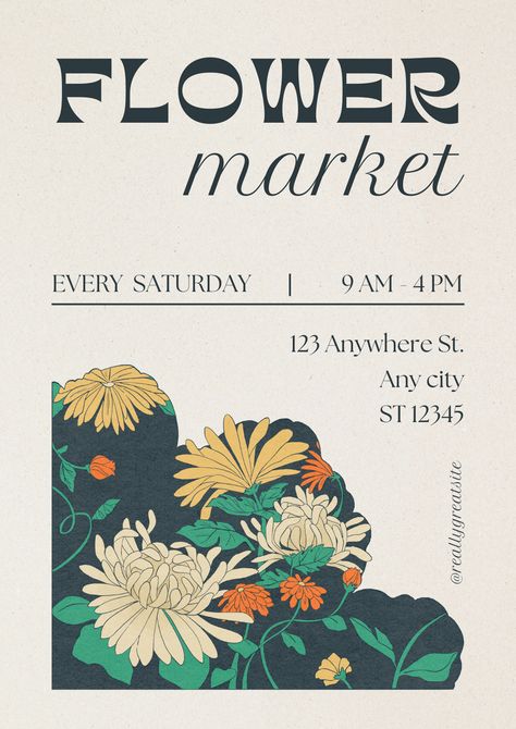 Floral Organic Colors Illustrative Retro Style Flower Market Poster Canva Template #spring #summer #market #fair #exhibition #flowers #gardening Flower Market Posters, Flower Shop Poster, Poster Flower Market, Flower Festival Poster, Aesthetic Posters Flower Market, Poster Prints Flower Market, Green Flower Market Poster, Flower Market Paris Poster, Spring Fair