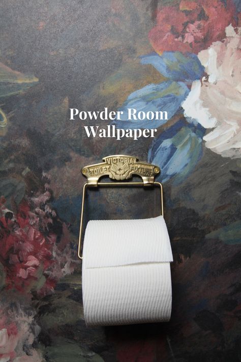 Sharing the reveal of my powder room remodel. This bathroom design features bold wallpaper, rich full gloss paint and luxe brass accents. Black And Gold Powder Room Wallpaper, Wallpaper Powder Room Moody, Glamorous Powder Room Ideas, Black Wallpaper Powder Room, Designer Powder Rooms, Jewel Box Powder Room, Water Closet Wallpaper, Powder Room Wallpaper Bold, Powder Room Wallpaper Elegant