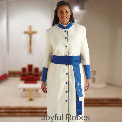 (http://www.suitavenue.com/356-w-womens-pastor-clergy-robe-creme-royal-matching-cincture-set/) Womens Clergy Robes, White Priest Robes, Garments Of The High Priest, Ministry Apparel, Women Pastors, Clergy Robes, Clergy Women, Priest Robes, African Wear Styles For Men