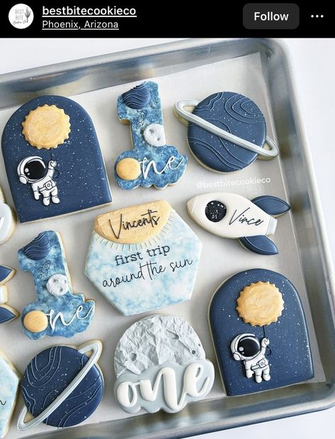 Space Theme Birthday Cookies, Space Birthday Dessert Table, 1st Birthday Astronaut Theme, First Trip Around The Sun Snacks, Nasa First Birthday Theme, Space Themed Smash Cake, Astronaut 1st Birthday Party, Astronaut First Birthday Party, 1st Trip Around The Sun Birthday