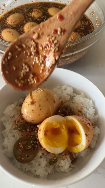 Christy Nguyen on Instagram: "Mayak Eggs are so addictive, that’s why they’re called drug eggs in Korean. Ingredients: 12 eggs 3/4 cup soy sauce 3/4 cup water 1/3 cup agave 3 tbsp mirin 1.5 tbsp Korean pepper powder 2 tbsp sesame oil 1 tbsp minced garlic 3 tbsp chopped green onions 2 Serrano chili’s thinly sliced 1 tbsp sesame seeds Boil eggs for about 6 minutes for soft boiled eggs. Wait until the water comes to a boil, then add the eggs in. Let it sit in an ice bath for 10 minutes. (I’m a big fan of using an egg cooker because there’s no timing involved) Add eggs into the sauce, mix then cover and refrigerate for at least 2 hours before serving. Enjoy with a bowl of steamed rice! #eggs #mayakeggs #koreaneggs #recipe #easyrecipes" Mayak Eggs, Korean Ingredients, Cajun Boil, Boil Eggs, Ice Bath, Egg Cooker, Green Eggs And Ham, Soft Boiled Eggs, Pepper Powder