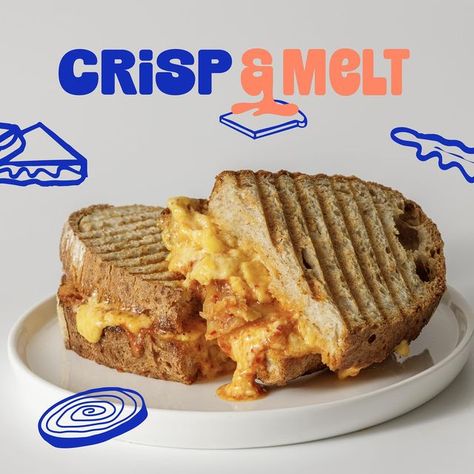 alex ⁕ brand designer & strategist on Instagram: "easy, breezy, & cheeezy!! 🧀 this is my take on the latest brief from @designerbriefs for crisp & melt — a trendy lunchroom specializing in delicious toasted sammiches! i was dyingggg to use this color palette and i think the sharp blues and creamy oranges really work in making the vibe feel trendy, modern, and fresh, yet relatable! what do you think? would you eat a grilled cheese from this sandwich shop?! #dbcrispmelt #designerbriefs #foodandbeveragebranding #restaurantbranding #fooddesign #restaurantdesign #brandbrief #designbrief #retrobrand #handdrawndesigns #trendydesigns #logodesigner #brandstory #brandstorytelling #brandidentity #menudesign #icondesign #illustration #brandpattern #branddesign #brandstrategist #creativeentrepren Delicious Color Palette, Sandwich Shop Branding, Sandwich Menu Design, Sandwich Branding, Toast Branding, Sandwich Illustration, Sandwich Design, Chicken Boxes, Sandwich Menu