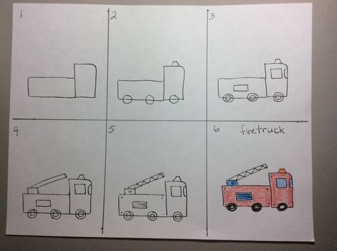 Fire truck                                                                                                                                                                                 More Community Helper Directed Drawing, Fire Truck Drawing Easy, How To Draw A Fire Truck, Drawing Of Fire, The Last Airbender Art, Drawing Kindergarten, Last Airbender Art, Fire Safety Preschool Crafts, Fire Truck Drawing