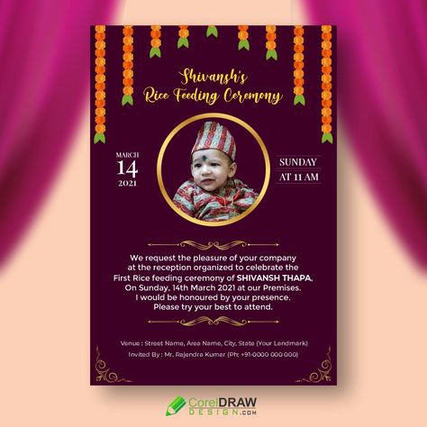 Rice Feeding Ceremony Invitation, Ceremony Background, Rice Ceremony, Coreldraw Design, Wedding Ceremony Invitations, Ceremony Invitation, Silver Invitation, Restaurant Menu Template, School Banner