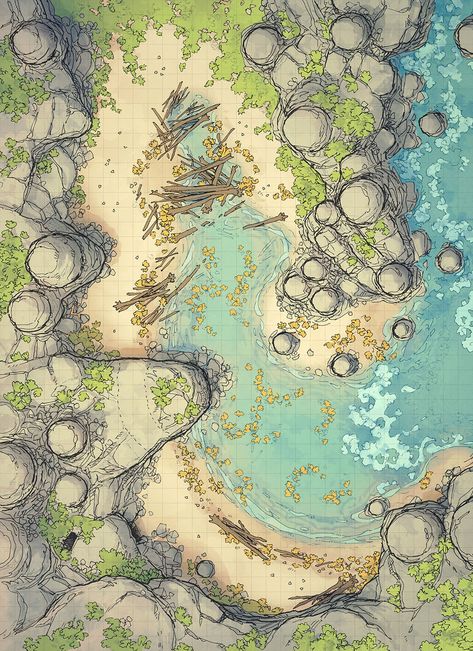 The Driftwood Cove Battle Map Dnd Coast Map, Dnd Beach Map, Island Dnd Map, Dnd Island Map, Dnd Ship Battle Map, Dnd Ocean, Sea Map, Fantasy Map Making, Dark Cave