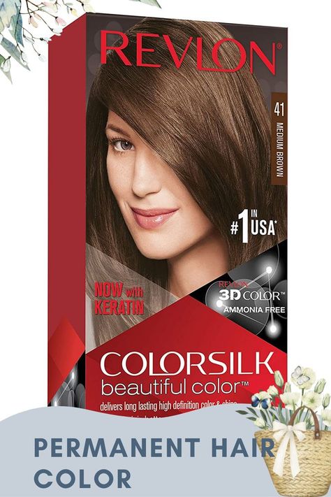 Permanent Hair Color by Revlon, Permanent Hair Dye, Colorsilk with 100% Gray Coverage, Ammonia-Free, Keratin and Amino Acids, 41 Medium Brown, 4.4 Oz (Pack of 1) Hair Dye For Brunettes, Best Box Hair Dye, Revlon Hair Color, Box Hair Dye, Permanent Hair Dye Colors, Medium Brown Hair Color, Ammonia Free Hair Color, Hair Color For Fair Skin, How To Dye Hair At Home