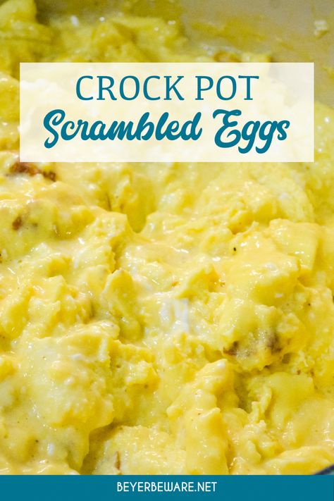 Want a make-ahead scrambled egg recipe that can feed a crowd? Make fluffy crock pot scrambled eggs the night before and have the best scrambled eggs in just two hours. With a secret ingredient you will have people raving over your scrambled eggs. Eggs In Slow Cooker, Crockpot Eggs Overnight, Slow Cooker Egg Bake, Bulk Scrambled Eggs, Make Ahead Scrambled Eggs For A Crowd, Fluffy Scrambled Eggs The Secret, Crockpot Egg Bake, Crock Pot Scrambled Eggs, Crockpot Scrambled Eggs