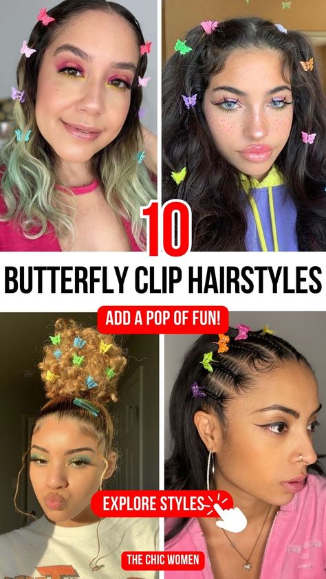 22 Butterfly Clip Hairstyle Ideas to Rock the Party Mini Clip Hairstyles Long Hair, Space Buns Butterfly Clips, Hairstyles Using Butterfly Clips, 90s Hairstyles Butterfly Clips, Style Butterfly Clips, Butterfly Clip Hairstyles, Models Outfits, Clip Hairstyle, Stylish Ponytail