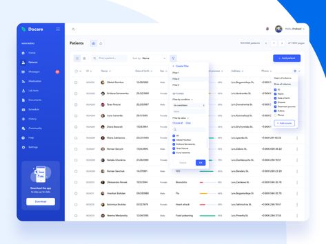 Docare. Database interface by Andrew Vynarchyk on Dribbble Table Ui Design, Table Ui, Dashboard Interface, Ui Design Mobile, Web Dashboard, Database Design, Dashboard Ui, Dashboard Design, Ui Design Inspiration