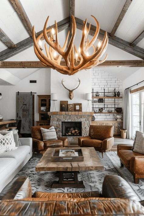 Modern Colorado Home Interior Design, Farmhouse Living Room With Deer Mounts, Mountain Home Living Room, Rustic Farmhouse Living Room Ideas, Modern Farmhouse Makeover, Rustic Lounge, Miners Cottage, Teen Tips, Lodge Living Room