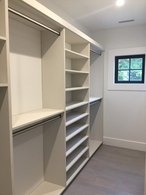 Wrap Around Closet, 6 X 7 Walk In Closet, Functional Master Closet, Narrow Closet Storage, Walk In Closet Layout, Narrow Closet, Master Closet Design, Closet Redo, Storage Room Organization