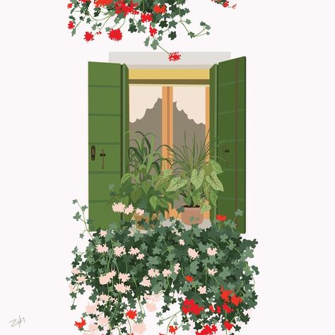 Fall Mural, Window With Plants, Invite Background, Iphone Customization, Animation References, Cottage Windows, Windowsill Garden, Architectural Illustration, Garden Clipart