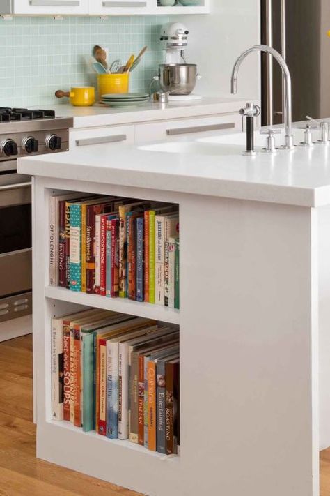 Keep cookbooks nearby but off the counter. Kitchen Island With Shelves, Island With Shelves, Kitchen Storage Organization Ideas, Diy Kitchen Cupboards, Storage Organization Ideas, Cookbook Storage, Easy Home Organization, Bedroom Cupboard Designs, Real Kitchen