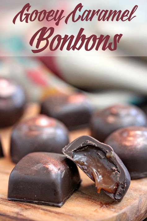 Gooey Caramel Bonbons - gorgeous chocolate bonbons filled with a soft caramel! | From candy.about.com Chocolate Covered Caramels, Chocolate Bonbons Recipe, Caramels Recipe, Homemade Chocolate Candy, Chocolate Covered Potato Chips, Salty Desserts, Bon Bons Recipe, Chocolate Bonbons, Chocolate Candy Recipes